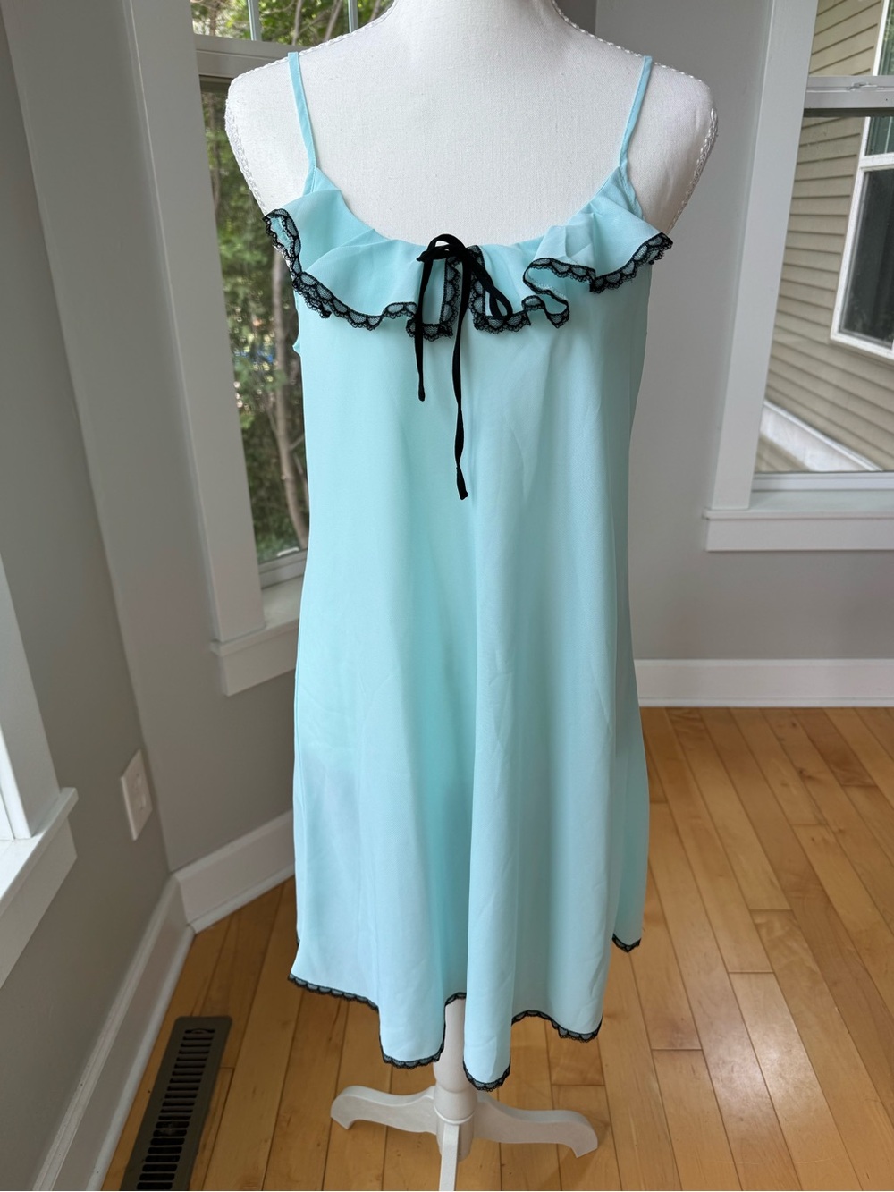 Vintage Nine & Co Teal Blue Sheer Slip Dress with Black Lace Trim Size Small